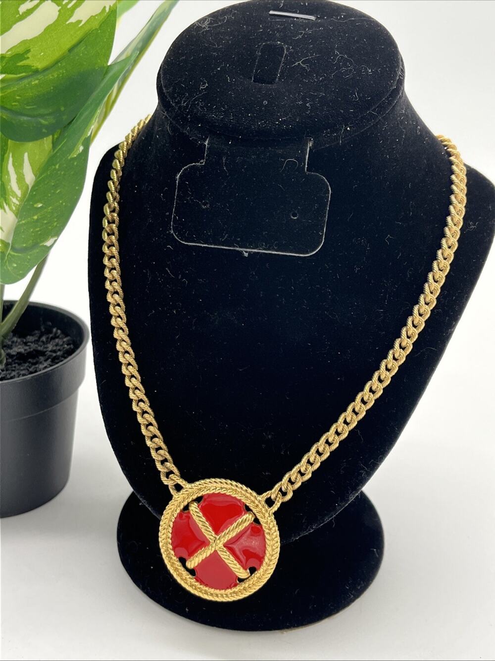 Napier Signed Chunky Gold Tone Red Enamel Cross Pendant Necklace 22" MCM